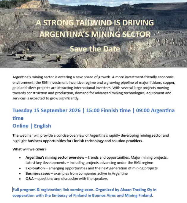Afiche de presentación del seminario virtual organizado por CAEM y la Embajada de Finlandia.