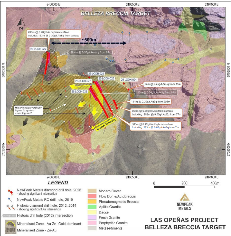 Mapa geológico superficial del objetivo Belleza Breccia en el proyecto Las Opeñas con pozos de perforación y áreas mineralizadas.