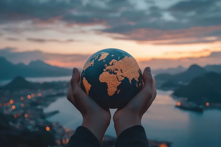 Primer plano de dos manos abiertas sosteniendo y protegiendo el planeta Tierra en un entorno natural.