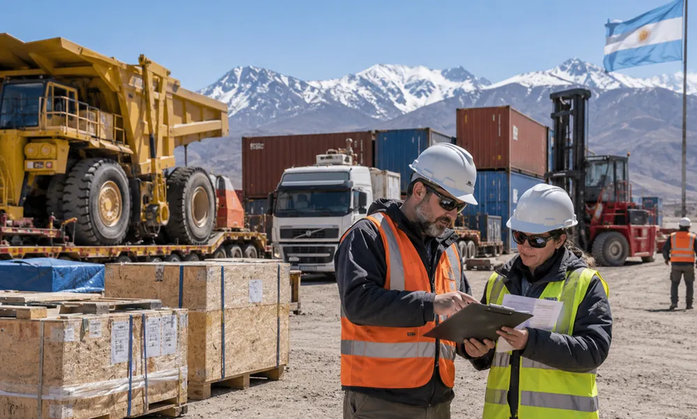 Operación logística minera en zona cordillerana argentina, con maquinaria pesada, camiones, contenedores y trabajadores controlando documentación de cargas e importaciones.