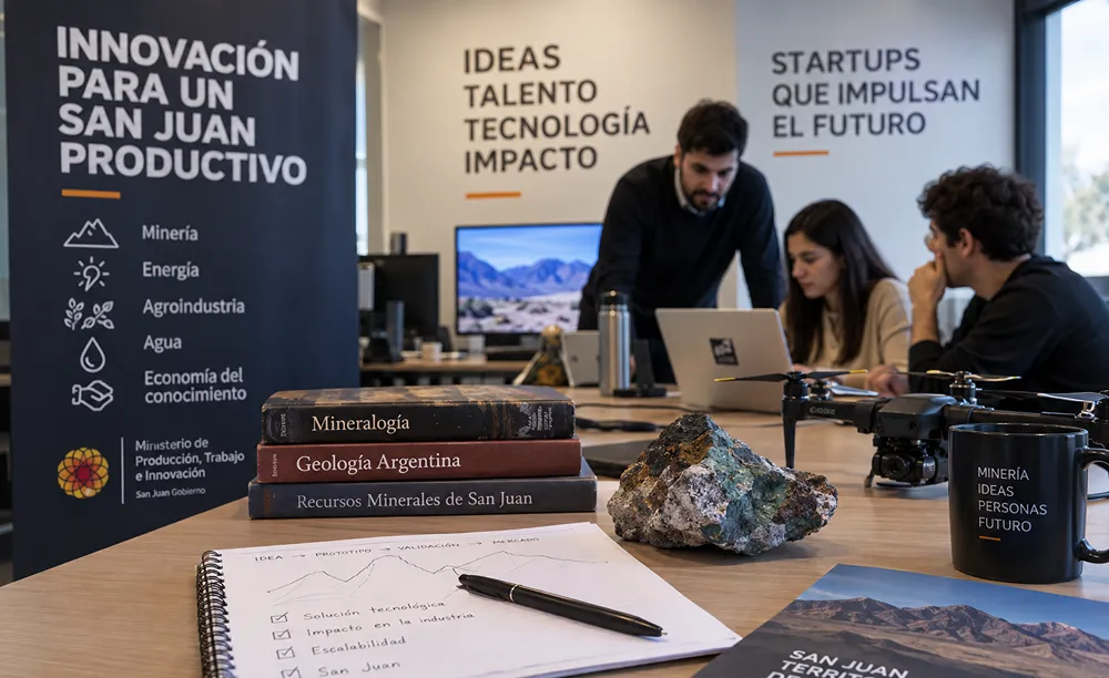 Equipo de emprendedores trabaja sobre una solución tecnológica vinculada con minería, utilizando notebook, prototipo electrónico y muestras minerales en un espacio de innovación.