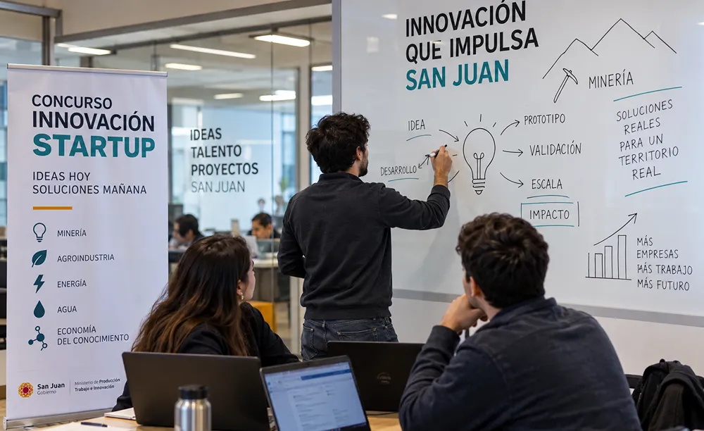 Emprendedores tecnológicos desarrollan una estrategia de innovación y escalabilidad durante una sesión de trabajo orientada a soluciones para sectores productivos y minería.