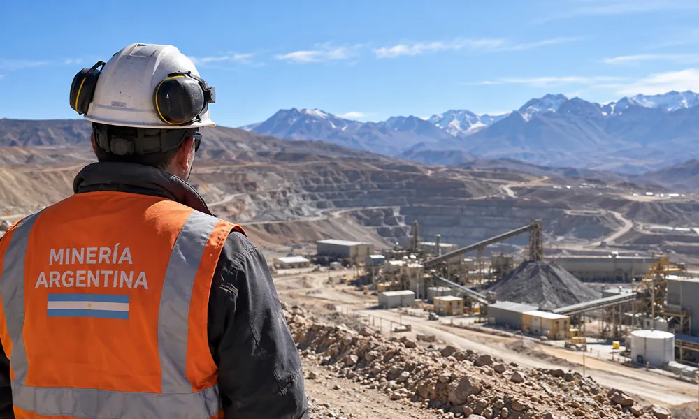 Operación minera a cielo abierto en ambiente cordillerano, con trabajadores, camiones de gran porte, caminos internos y planta de procesamiento de minerales.