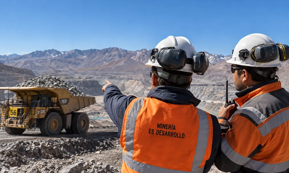 Trabajadores supervisan una operación minera de alta montaña con camiones de gran porte, infraestructura productiva y frentes de explotación en actividad.