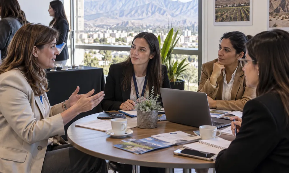 Mujeres profesionales participan de una reunión de vinculación empresarial con notebooks, documentación y material productivo, en un espacio de trabajo con vista a la ciudad de San Juan.