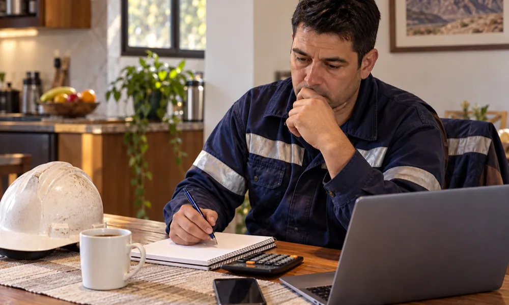 Trabajador del sector minero revisa sus finanzas personales en una mesa con computadora, calculadora, anotaciones y casco de seguridad.