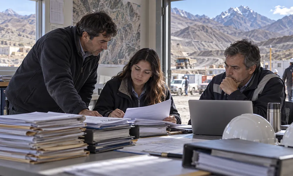 Equipo de trabajo revisa contratos, documentación y registros de proveedores en una oficina vinculada a una operación minera cordillerana.