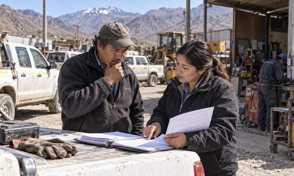 Empresarios y proveedores revisan documentación financiera junto a camionetas y equipamiento en un taller de servicios para la actividad minera.