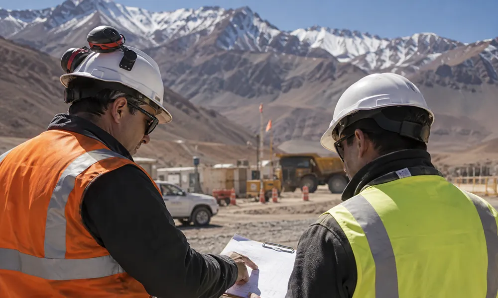 Trabajadores revisan documentación operativa en un proyecto minero de alta montaña de San Juan, rodeado de maquinaria y cordillera con nieve.