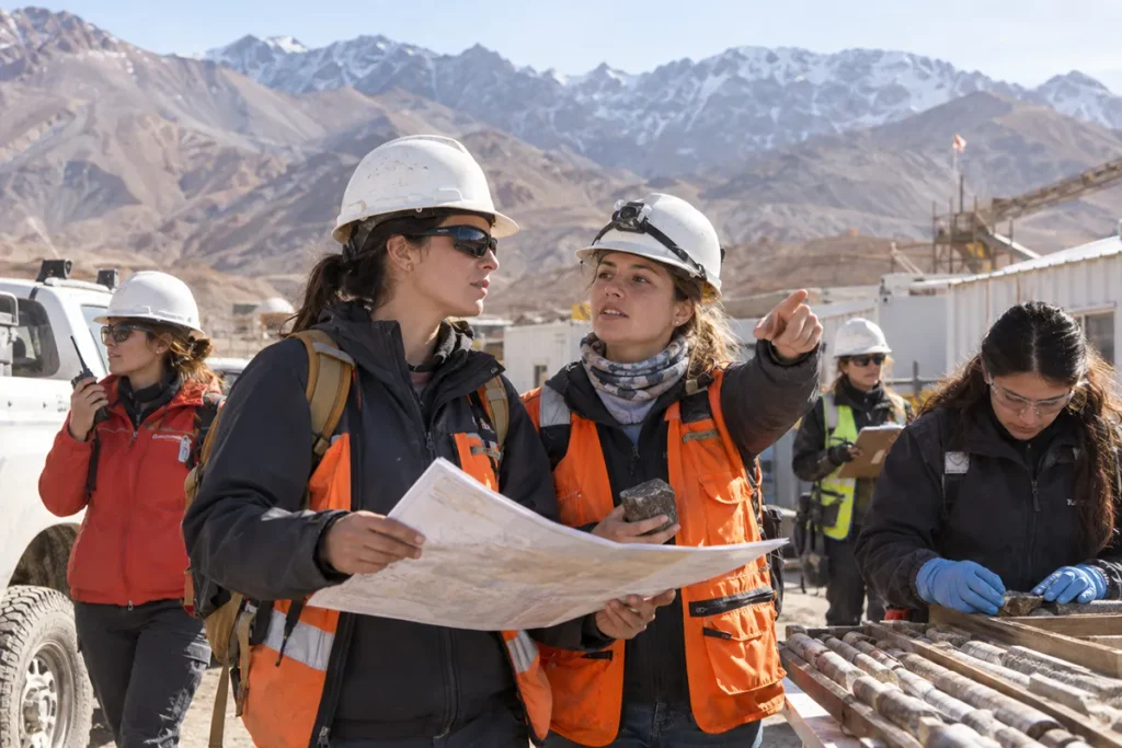 Grupo de mujeres profesionales desarrolla tareas técnicas y de campo en una operación minera cordillerana, con equipos de exploración y documentación geológica.
