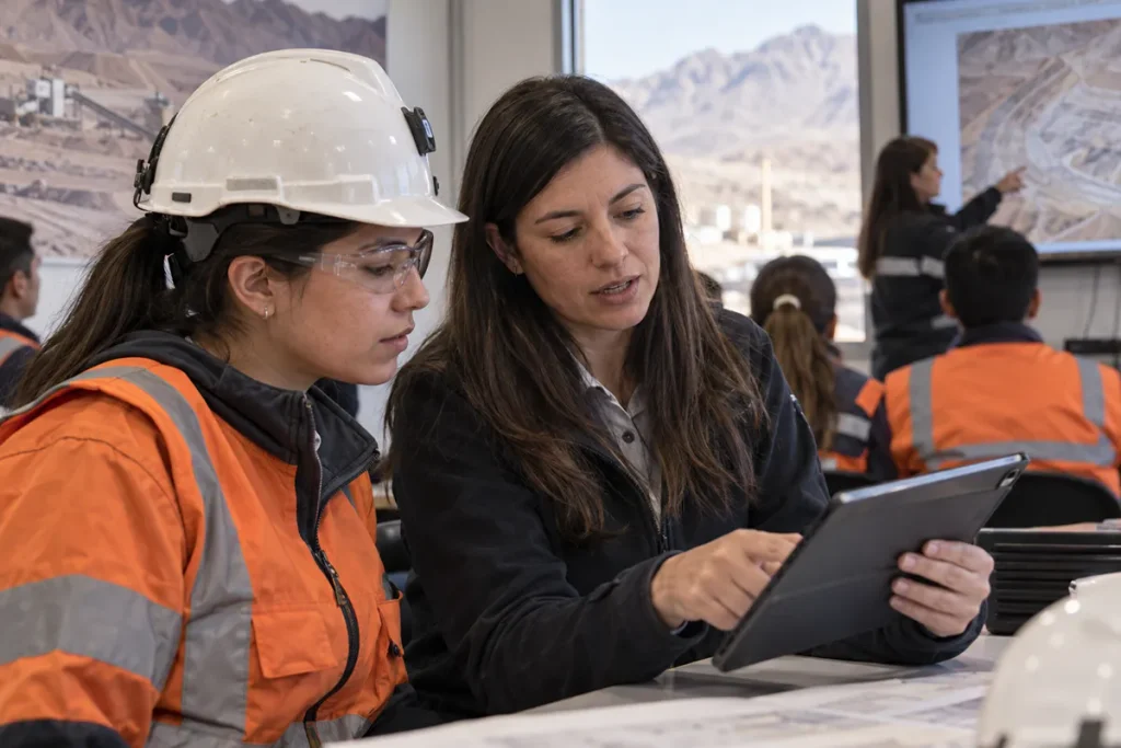Trabajadores y trabajadoras realizan tareas de mantenimiento mecánico en un taller de servicios dentro de una operación minera de alta montaña.
