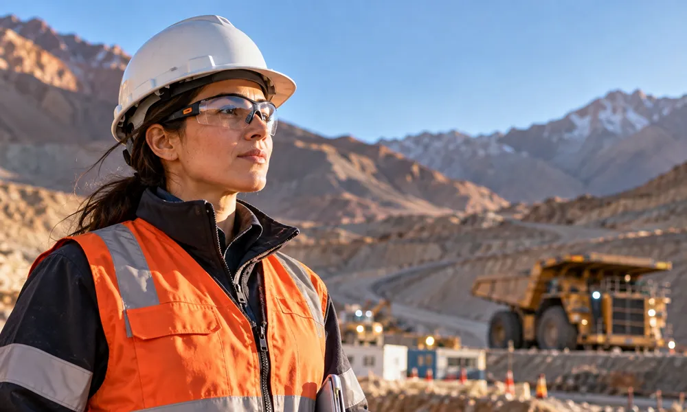 Ingeniera minera observa una operación a cielo abierto mientras sostiene documentación técnica, con instalaciones industriales y cordillera al fondo.
