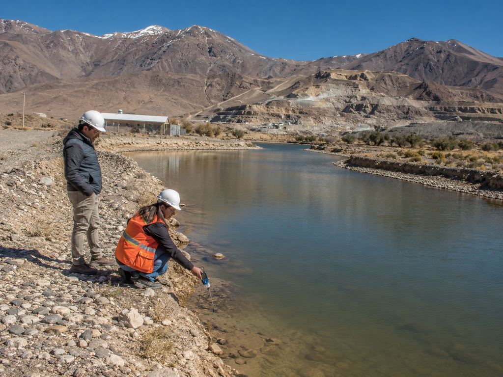 Contenido Original de ACERO Y ROCA - Prohibida su reproducción Equipo técnico revisa testigos de perforación y documentación de un proyecto minero en alta montaña, como representación del análisis de información productiva y territorial.