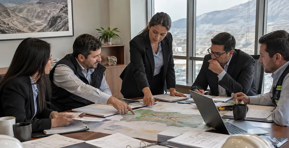 Equipo multidisciplinario analiza mapas, documentación legal y planificación de una operación minera durante una reunión corporativa en San Juan.