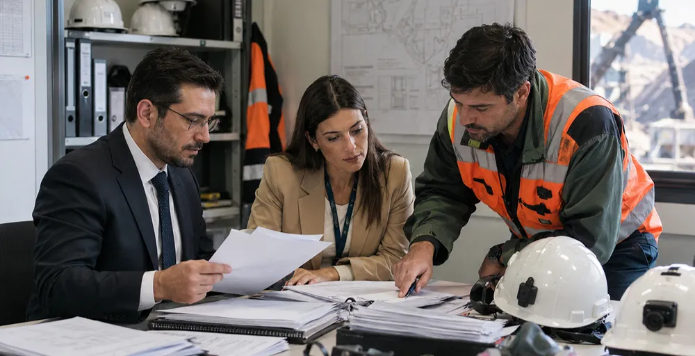 Abogado, profesional administrativa y trabajador minero revisan procedimientos, documentación de seguridad y registros internos dentro de una oficina operativa.