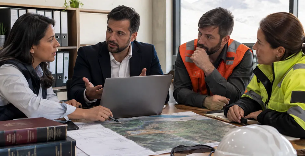 Abogado y profesionales de una operación minera analizan documentación, cartografía y aspectos técnicos en una reunión interdisciplinaria vinculada con planificación y cumplimiento.
