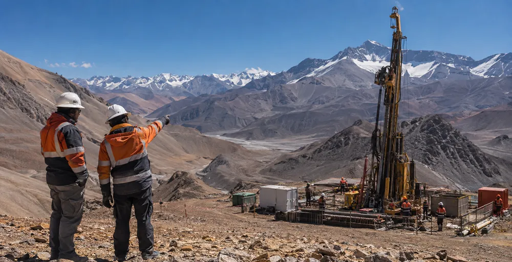 Trabajadores supervisan una plataforma de perforación para exploración minera en alta montaña, rodeada por relieve cordillerano y cumbres nevadas.