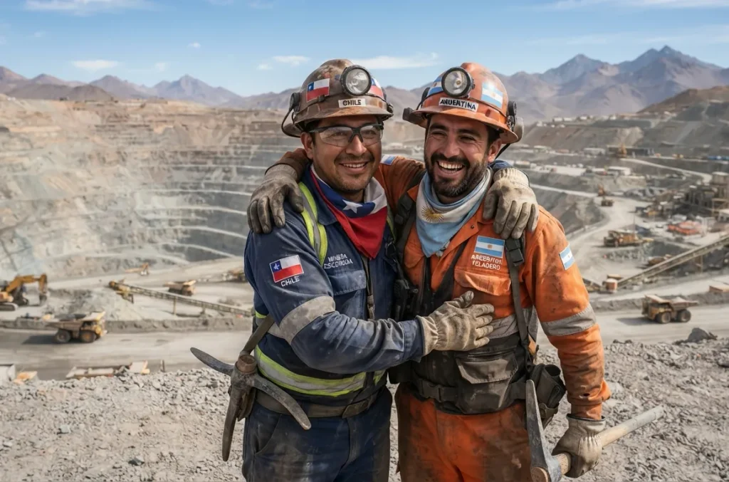 minero argentiono y chileno abrazados en plena cordillera