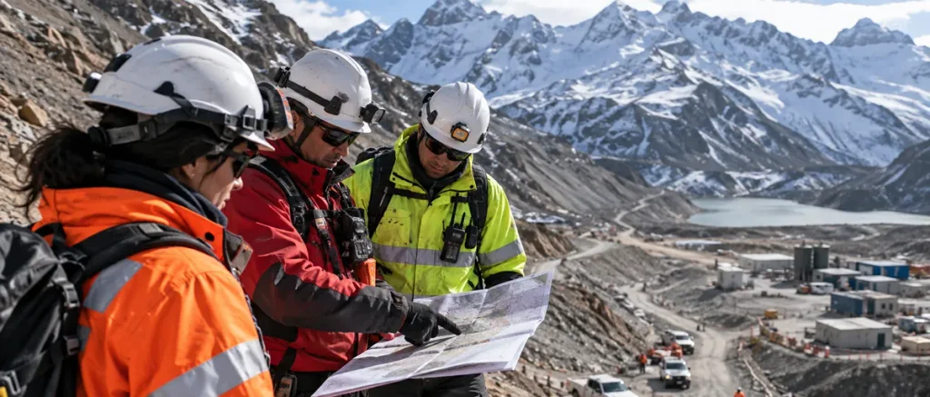 Equipo de emergencia con cascos, radios y ropa de alta visibilidad analiza un mapa operativo en una zona minera de alta montaña con nieve.