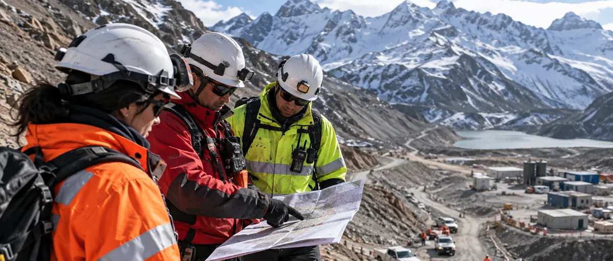 Técnicos realizando estudios geotécnicos y geofísicos de Nivel 3 en una operación minera de alta montaña en San Juan.