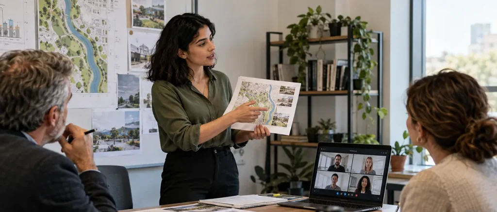 Profesional presenta un análisis territorial ante un equipo presencial y participantes conectados de manera virtual durante una instancia académica aplicada.