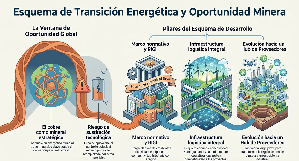 Contenido Original de ACERO Y ROCA - Prohibida su reproducción infografia sobre transición energética y oportunidad minera