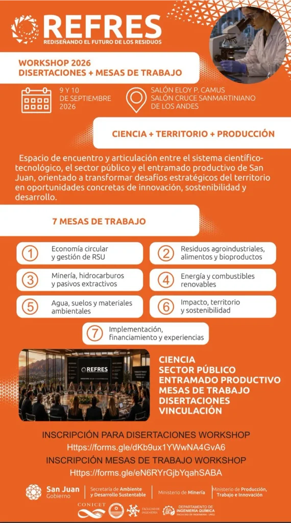 Flyer oficial del Workshop REFRES 2026 en San Juan, con siete mesas de trabajo sobre residuos, minería, energía, agua y sostenibilidad.