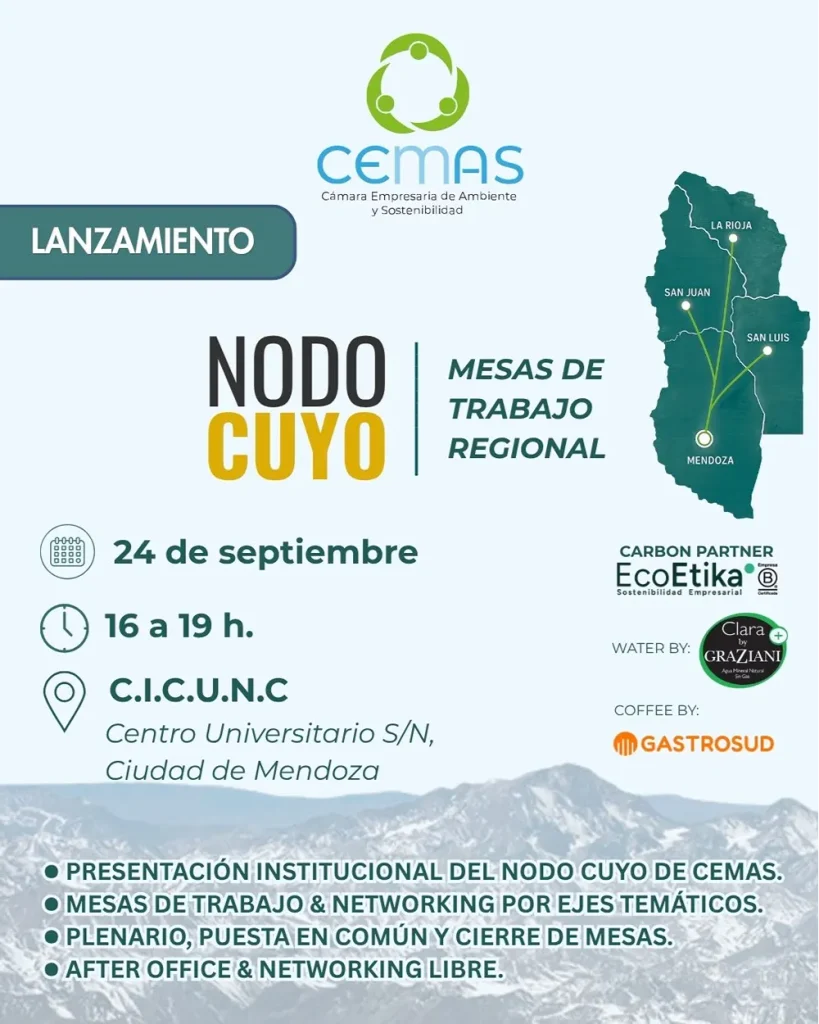 flyer con información sobre la presentación del nodo cuyo de cemas