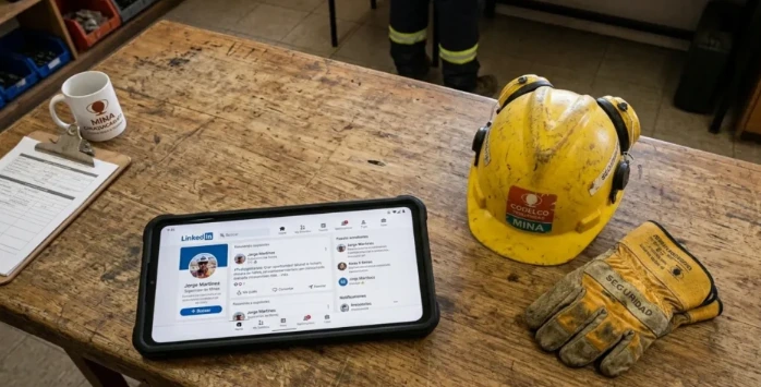 Casco, guantes de seguridad y dispositivo digital sobre una mesa de trabajo, en una escena vinculada con capacitación, búsqueda laboral y preparación de perfiles para la industria minera.