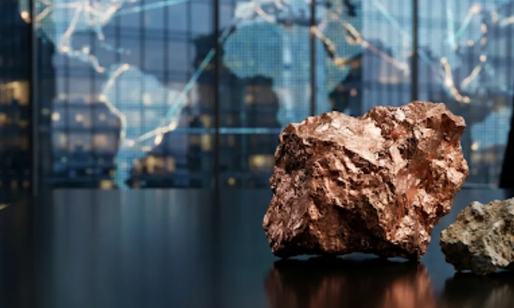 Mineral de cobre local sobre escritorio frente a torres corporativas globales, representando la ventaja estratégica del profesional sanjuanino.