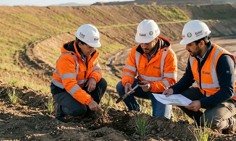 Profesionales realizan tareas de análisis y control de suelo en un área intervenida, vinculadas con gestión ambiental y valorización de residuos.