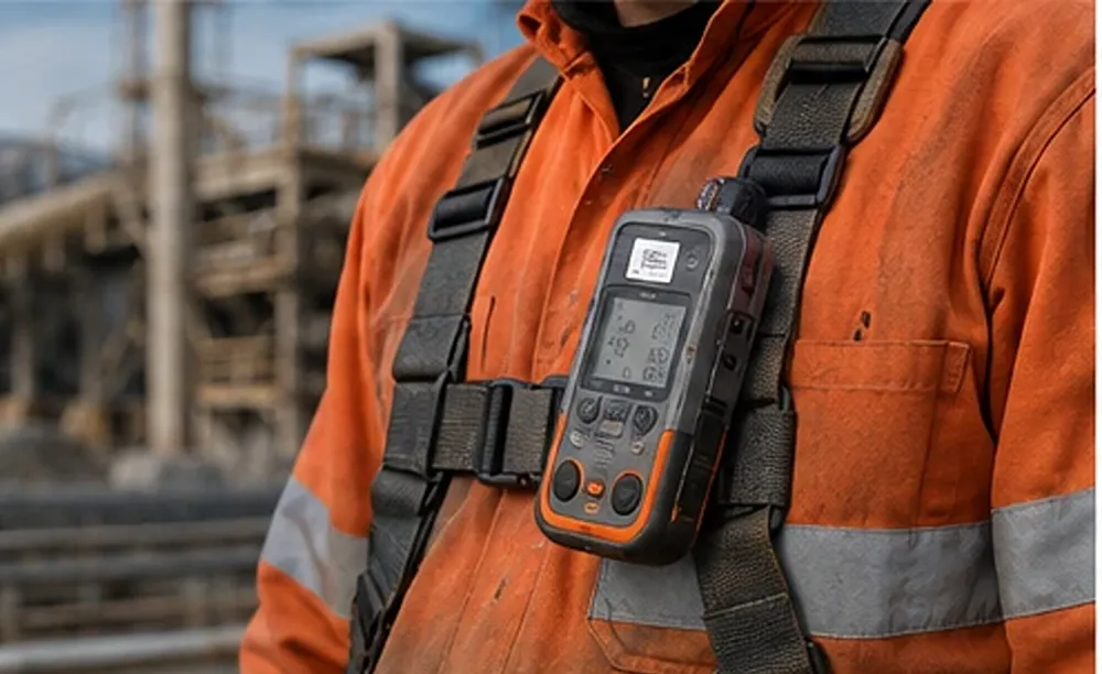 Detector multigás portátil sujeto a la indumentaria de un trabajador industrial para realizar monitoreo continuo en el frente de trabajo.
