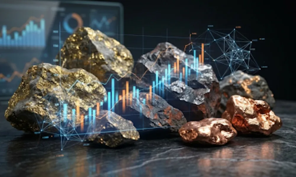 Proyección de redes de inteligencia artificial y datos financieros sobre rocas minerales para el análisis económico minero.