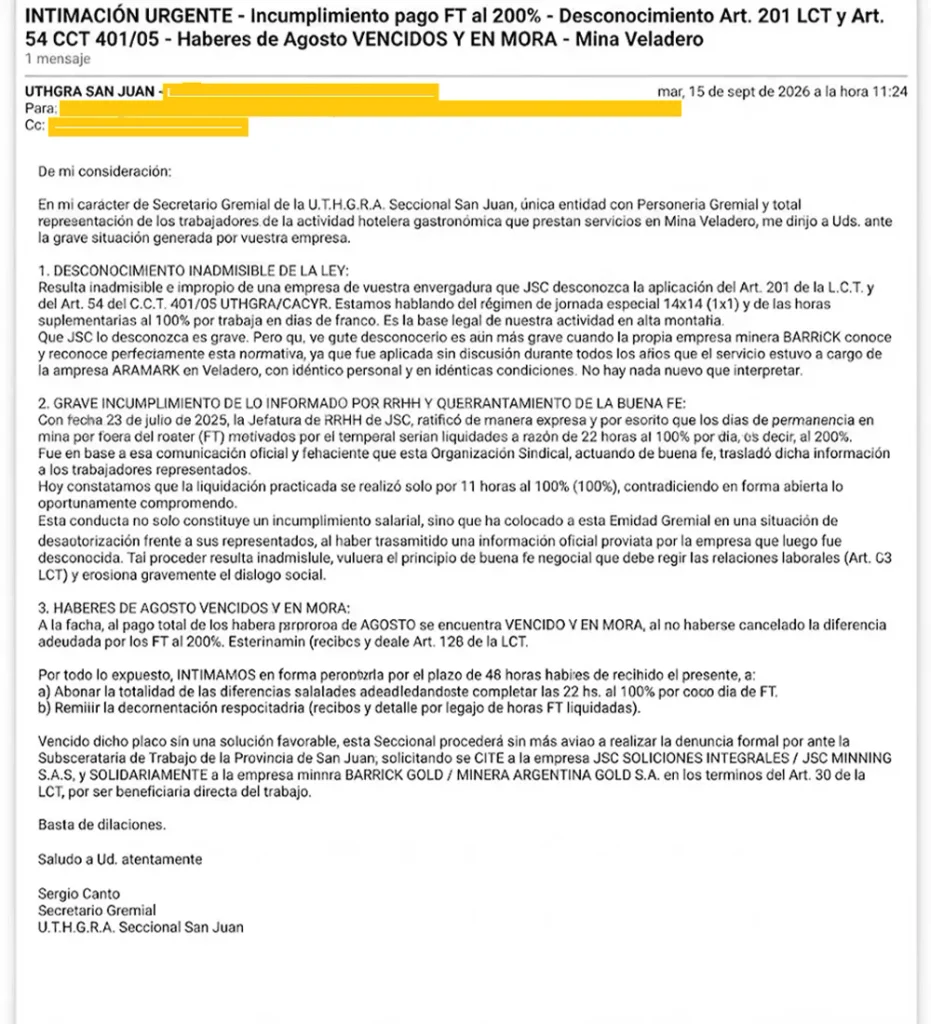 captura de pantalla de mail de intimacion de uthgra a jsc