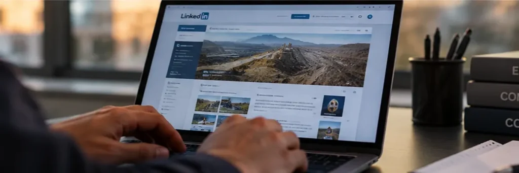 Contenido Original de ACERO Y ROCA - Prohibida su reproducción Profesional gestiona la presencia digital de una empresa minera desde una computadora, junto a documentación vinculada con estrategia, comunicación y compliance.