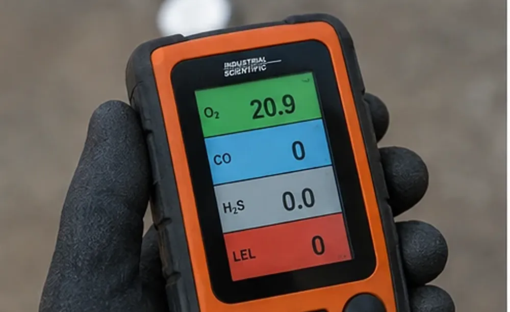 Detector portátil multigás utilizado para controlar oxígeno, gases combustibles y contaminantes antes de realizar una tarea en un entorno industrial minero.