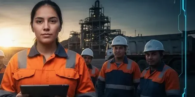 Mujer en proimer plano copn hombres detrás.