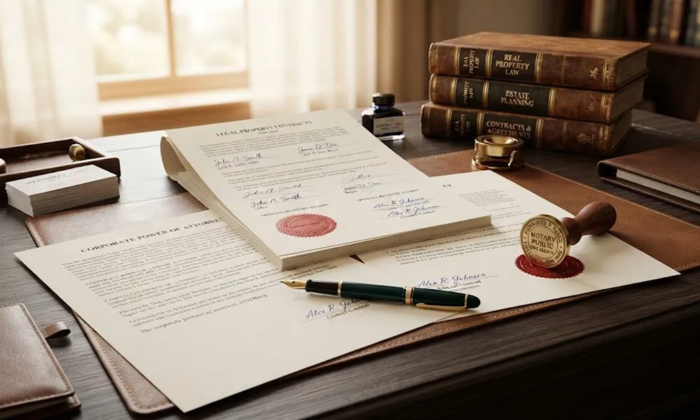 Escribano realizando auditoría de títulos de propiedad, legitimaciones societarias y poderes
.