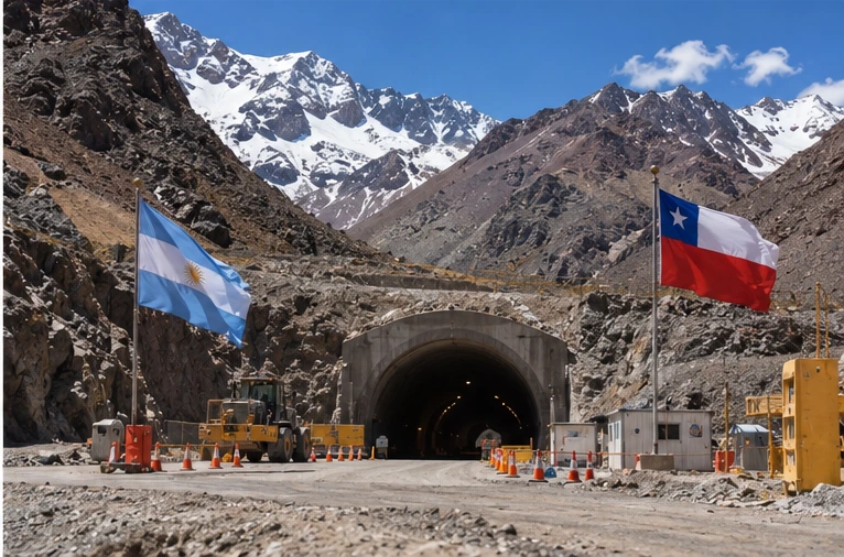 Acceso a un túnel cordillerano entre Argentina y Chile, con infraestructura vial de alta montaña y las banderas de ambos países.