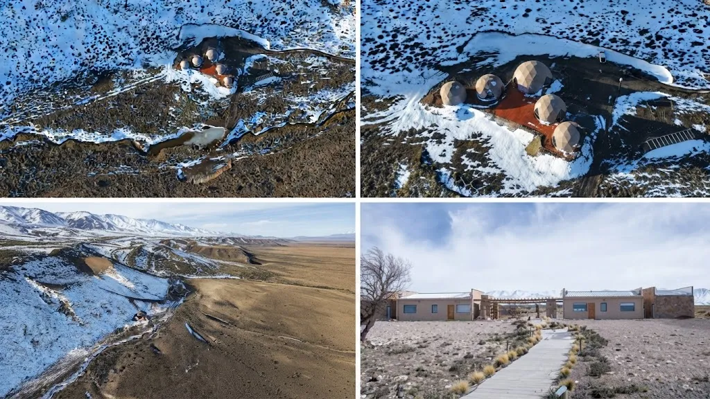Imagenes del refugio de Martín Varsavsky con domos en mitad de los cerros nevados