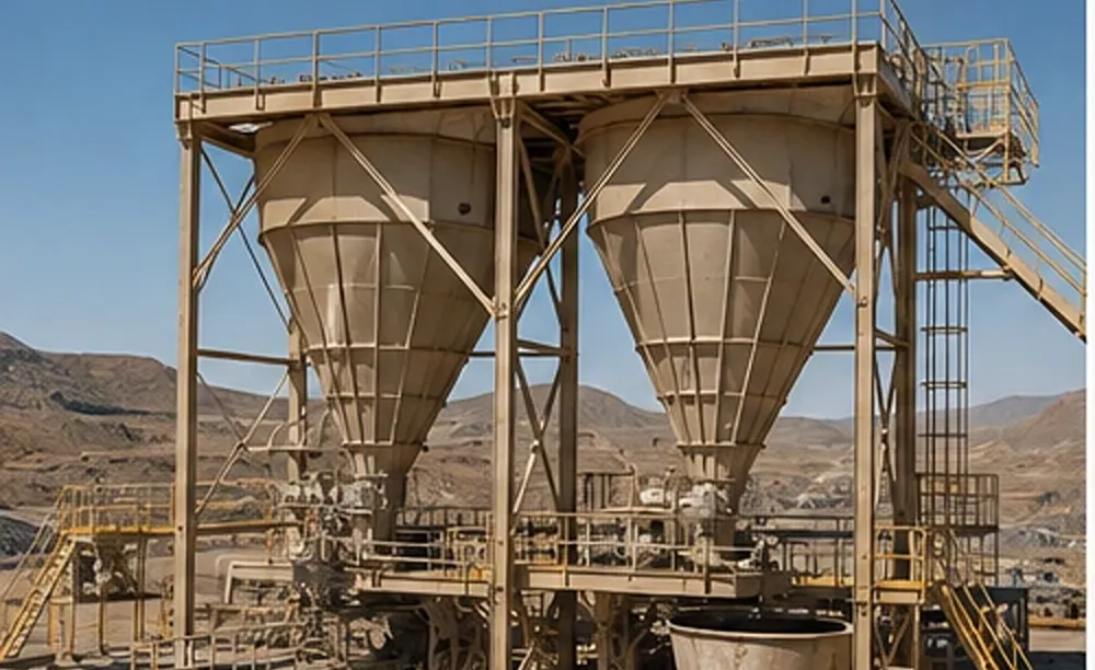 Trabajadores en una instalación minera con tolvas y silos industriales, estructuras utilizadas en tareas que pueden requerir ingreso a espacios confinados y control previo de la atmósfera.