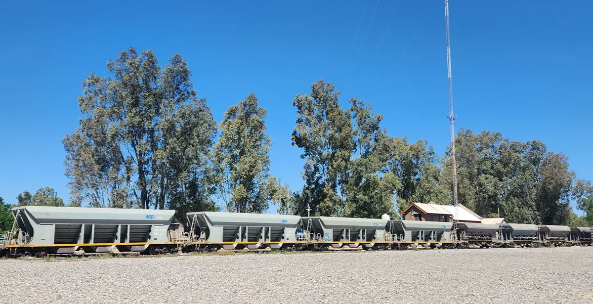 Vagones ferroviarios detenidos en la estación de Cañada Honda, una de las postas de la Ruta de la Cal en el departamento Sarmiento.