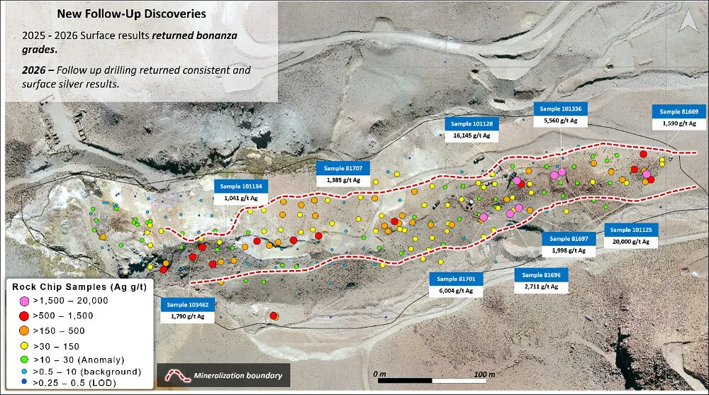 Mapa geológico del objetivo Mani y su cercanía con el depósito de plata en El Quevar.