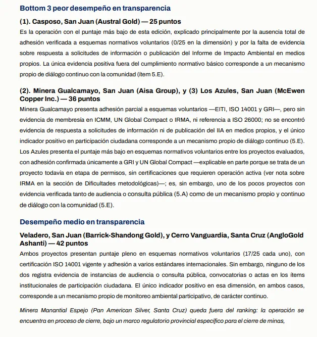 Justificación metodológica del informe ITMA sobre los proyectos mineros de San Juan en el ranking.