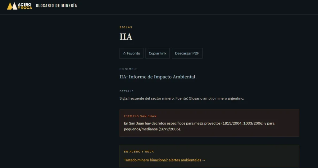 Captura de pantalla del glosario de acero y roca