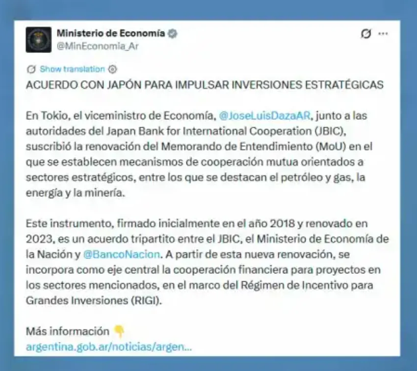 Captura de pantalla del comunicado del ministerio de mineria explicando el acuerdo
