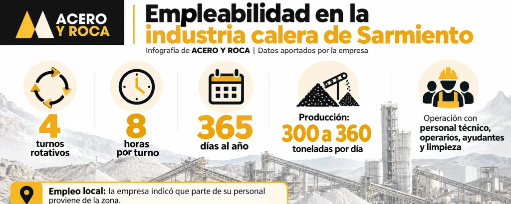 Infografía sobre empleo en Calera San Juan con 250 trabajadores directos, 80 contratistas permanentes, 24% de personal femenino y 87% de trabajadores de la zona.