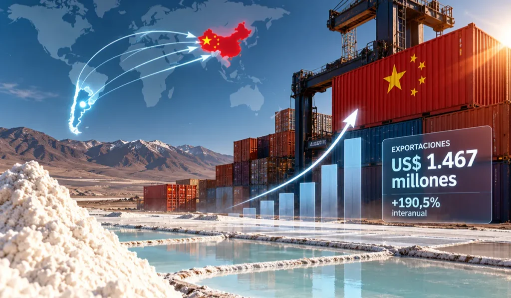 Contenido Original de ACERO Y ROCA – Prohibida su reproducción Producción de litio en un salar argentino representada junto a infraestructura logística y exportaciones hacia China, principal destino comercial del mineral.