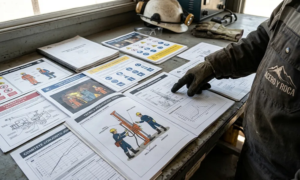 Manuales y fichas técnicas de seguridad minera con diagramas de perforación, equipos de protección y procedimientos preventivos.