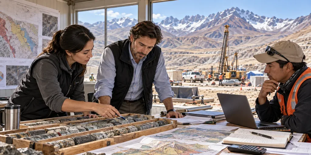 Equipo técnico analiza testigos de perforación, mapas geológicos y documentación financiera en un proyecto de exploración minera de alta montaña.